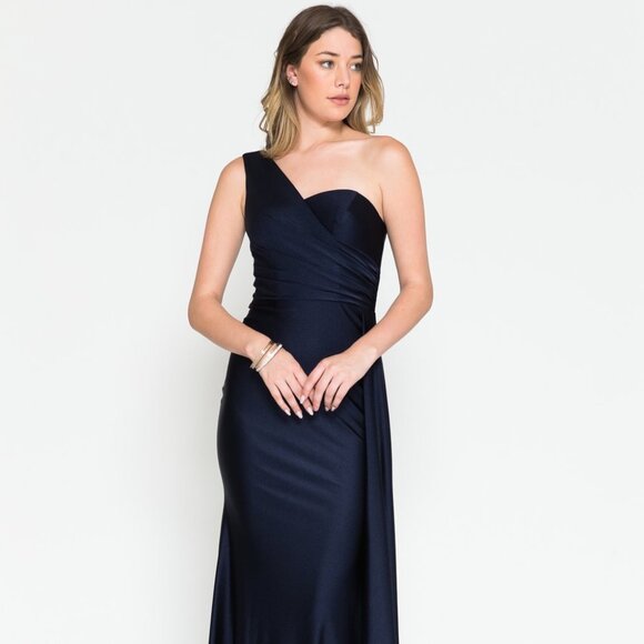 NEW NAVY LONG ONE SHOULDER FOR SPECIAL OCCASION GOWN WITH ZIPPER BACK AC387